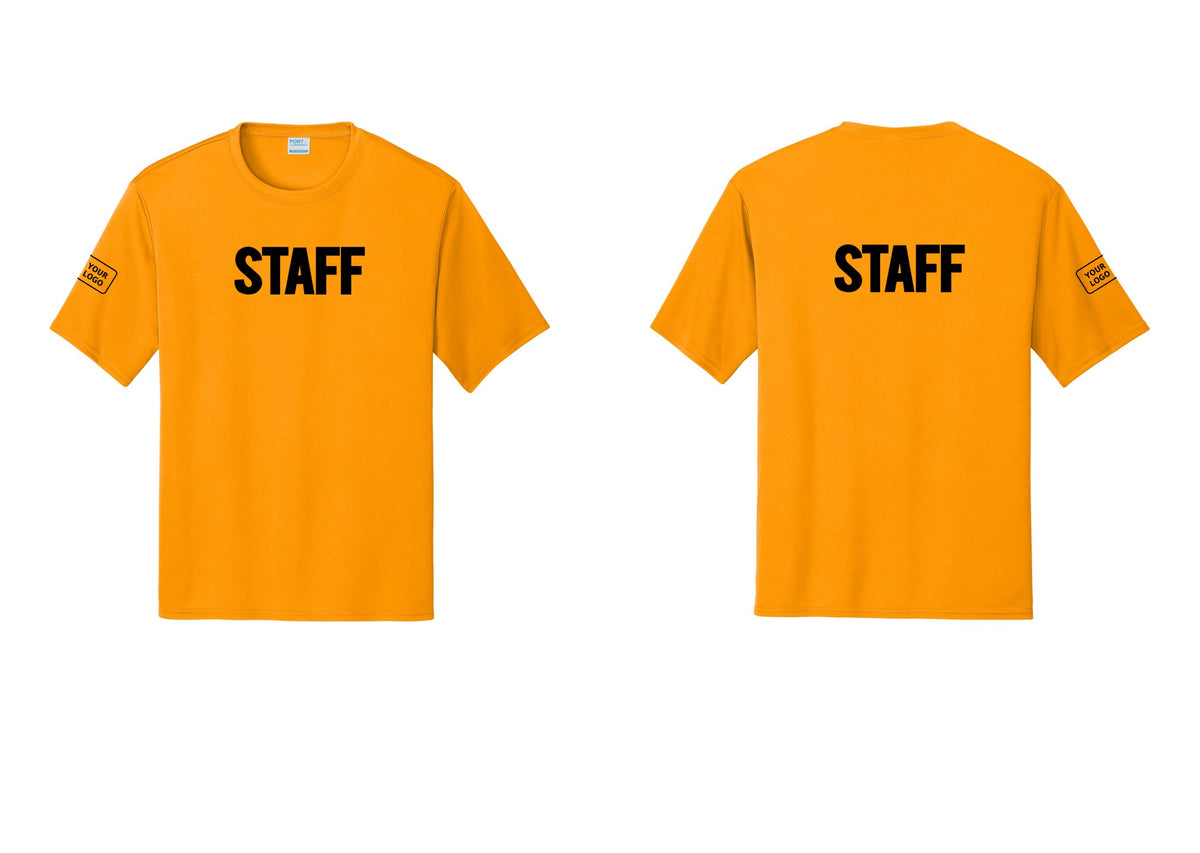 NYC Factory Custom Logo Staff Performance T-Shirt (Bold) - Front + Back + Your Logo Sleeve - Gold