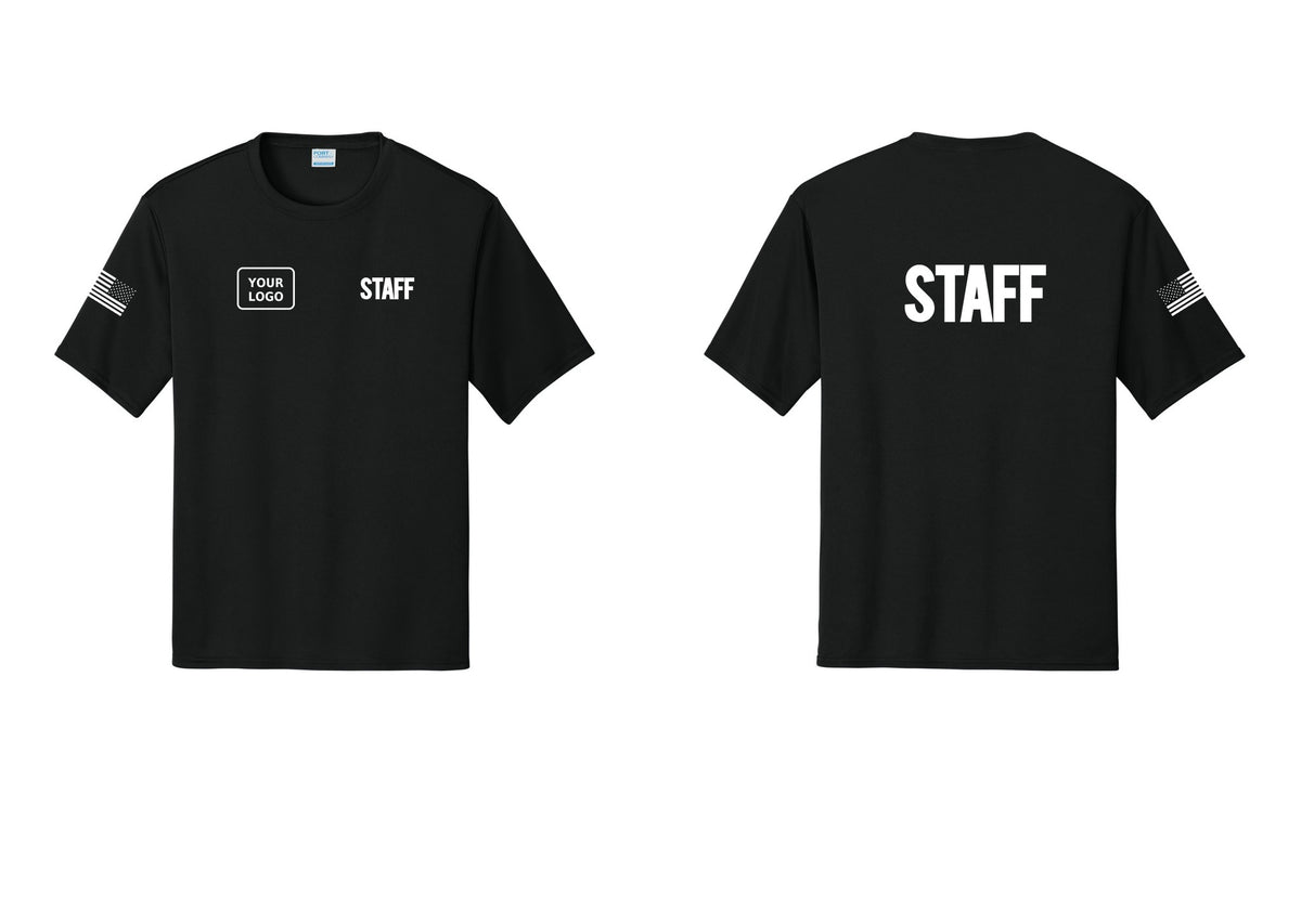 NYC Factory Custom Logo Staff Performance T-Shirt (Bold) - STAFF + Your Logo + Back + US Flag Sleeve - Black