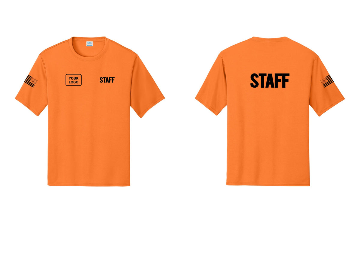 NYC Factory Custom Logo Staff Performance T-Shirt (Bold) - STAFF + Your Logo + Back + US Flag Sleeve - Neon Orange