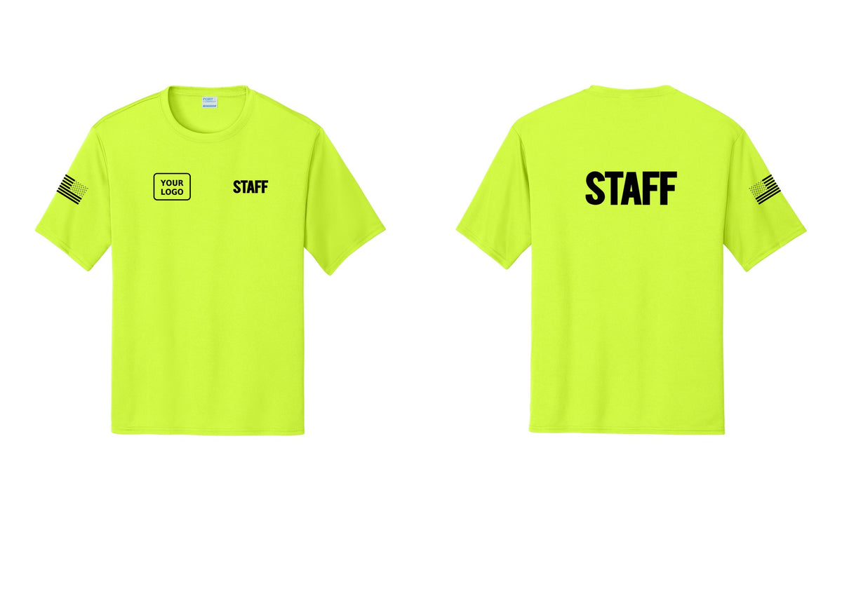 NYC Factory Custom Logo Staff Performance T-Shirt (Bold) - STAFF + Your Logo + Back + US Flag Sleeve - Neon Yellow