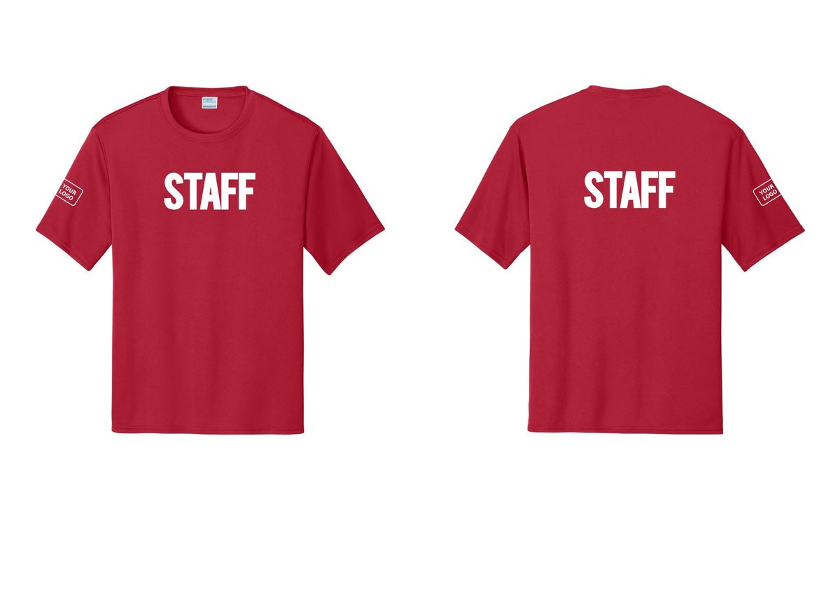 NYC Factory Custom Logo Staff Performance T-Shirt (Bold) - Front + Back + Your Logo Sleeve - Red