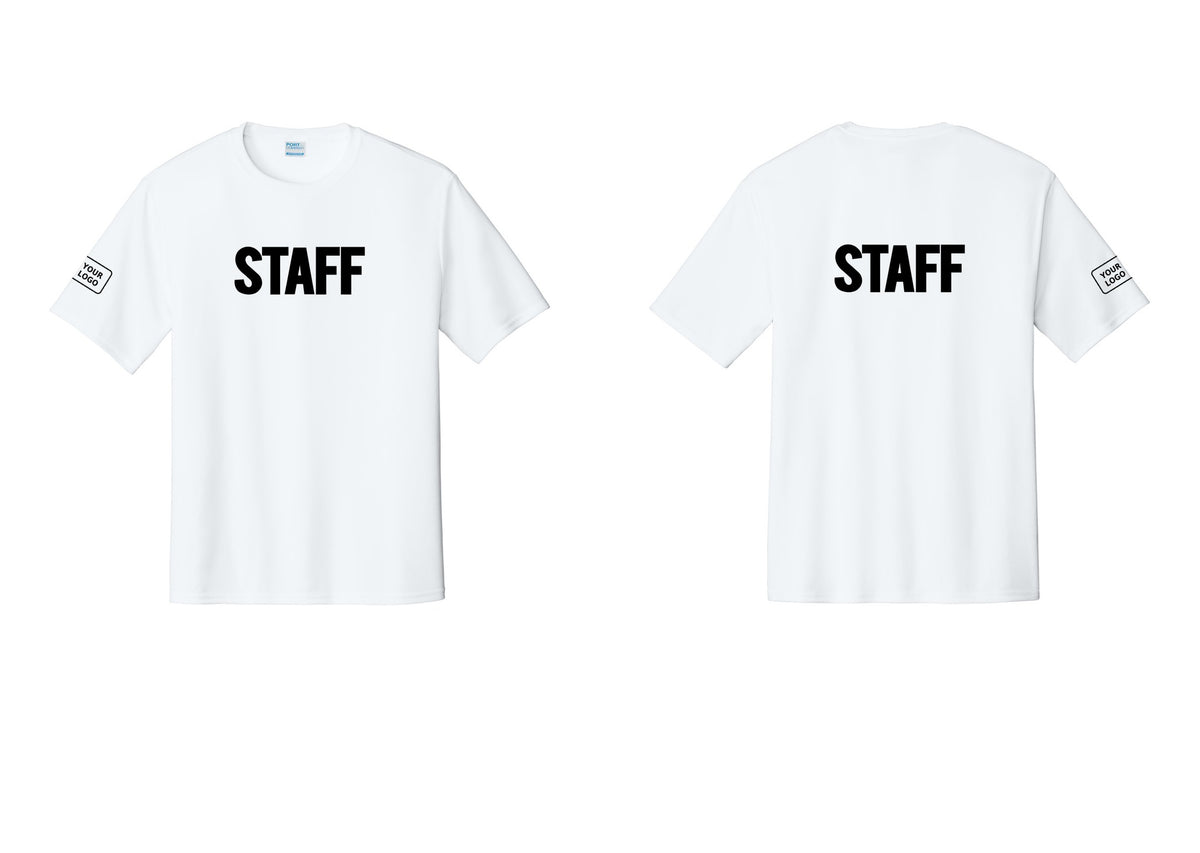 NYC Factory Custom Logo Staff Performance T-Shirt (Bold) - Front + Back + Your Logo Sleeve - White