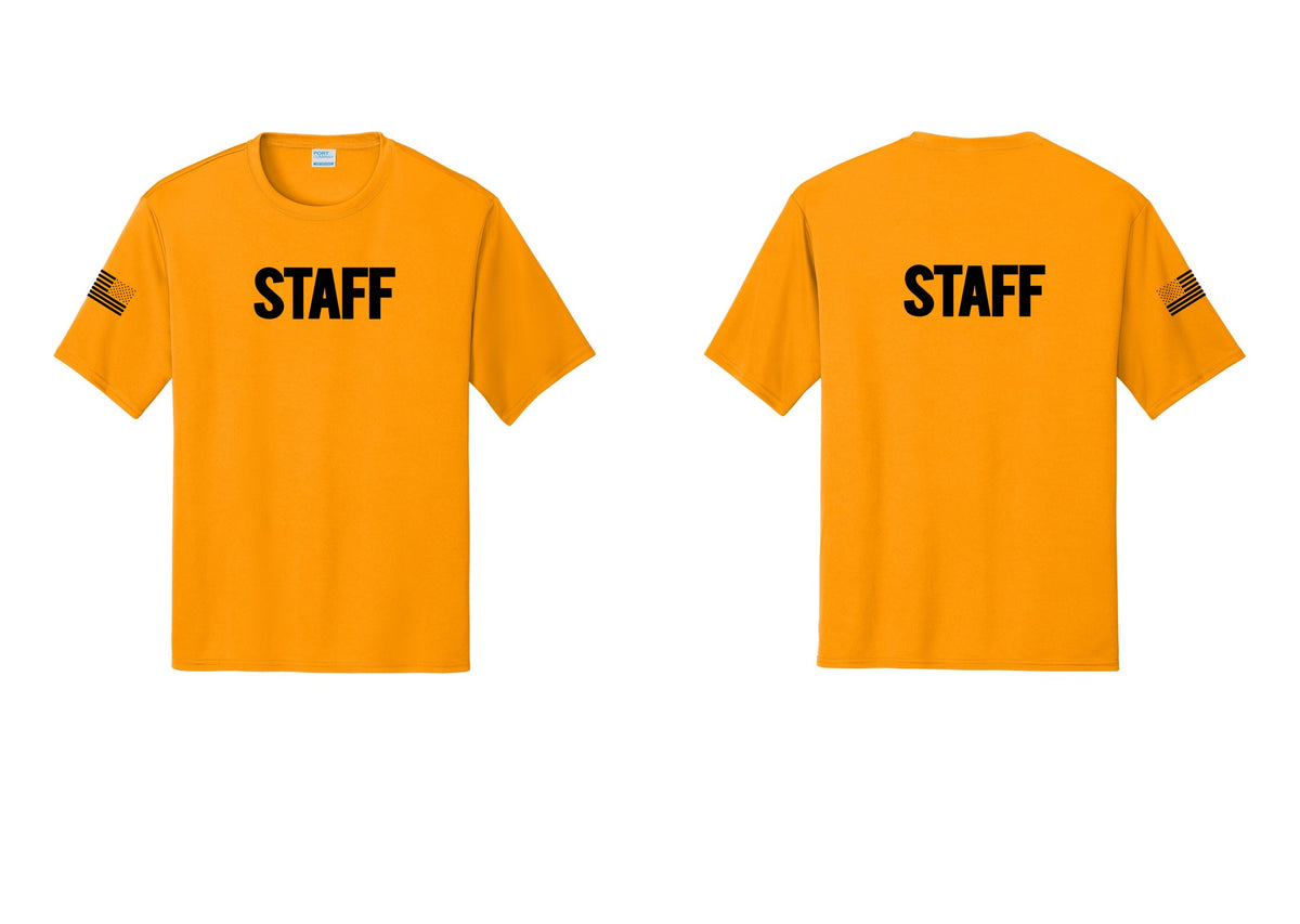 NYC Factory Staff Performance T-Shirt (Bold) - Front + Back + US Flag Sleeve - Gold