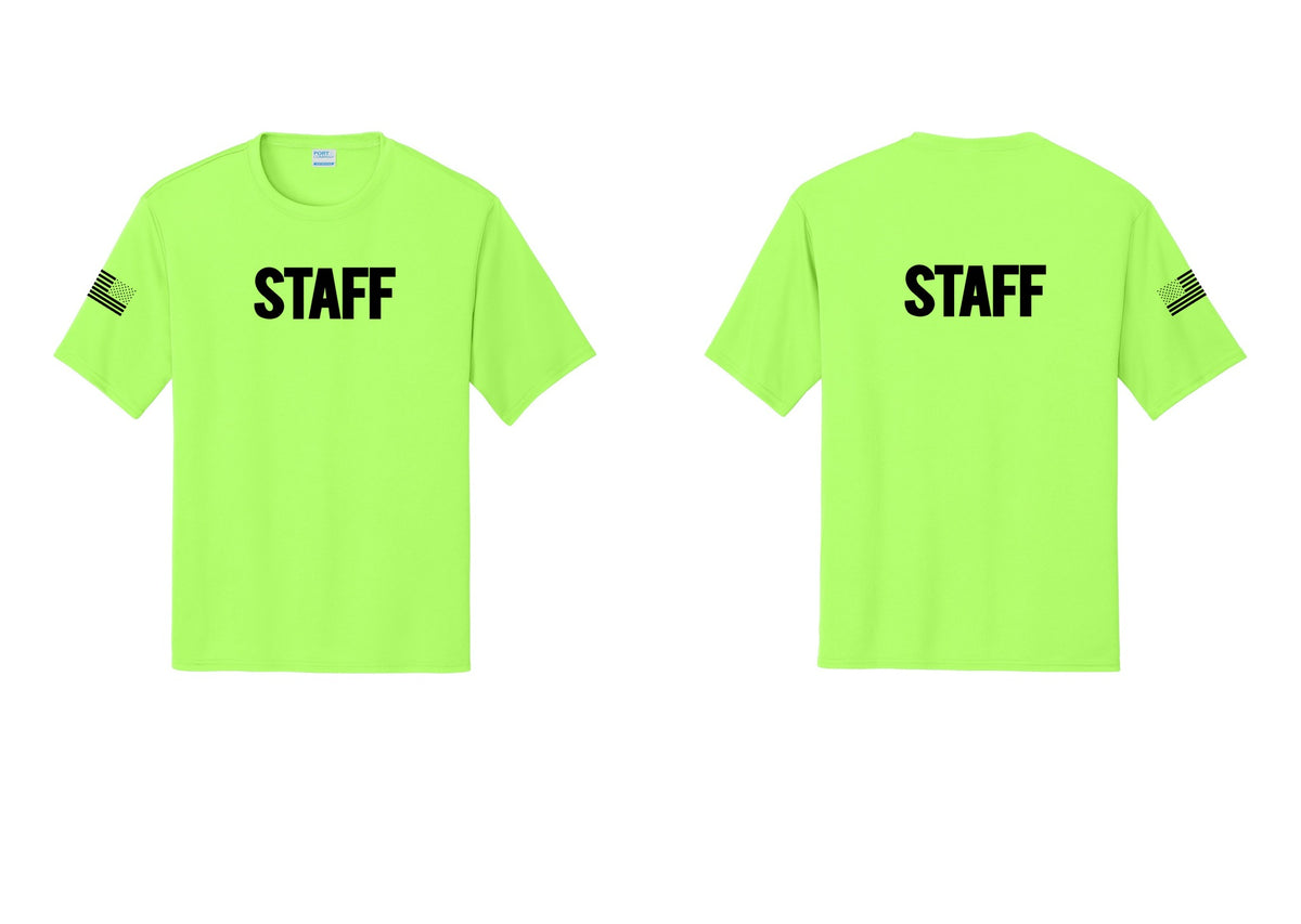 NYC Factory Staff Performance T-Shirt (Bold) - Front + Back + US Flag Sleeve - Neon Green