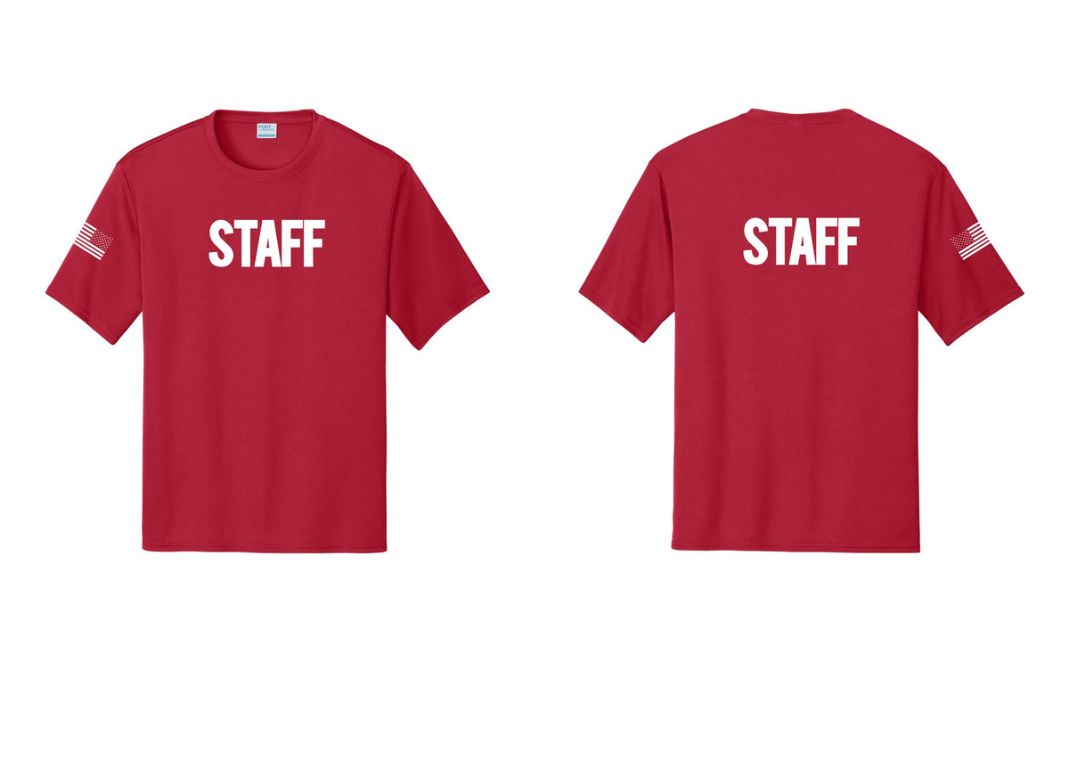 NYC Factory Staff Performance T-Shirt (Bold) - Front + Back + US Flag Sleeve - Red