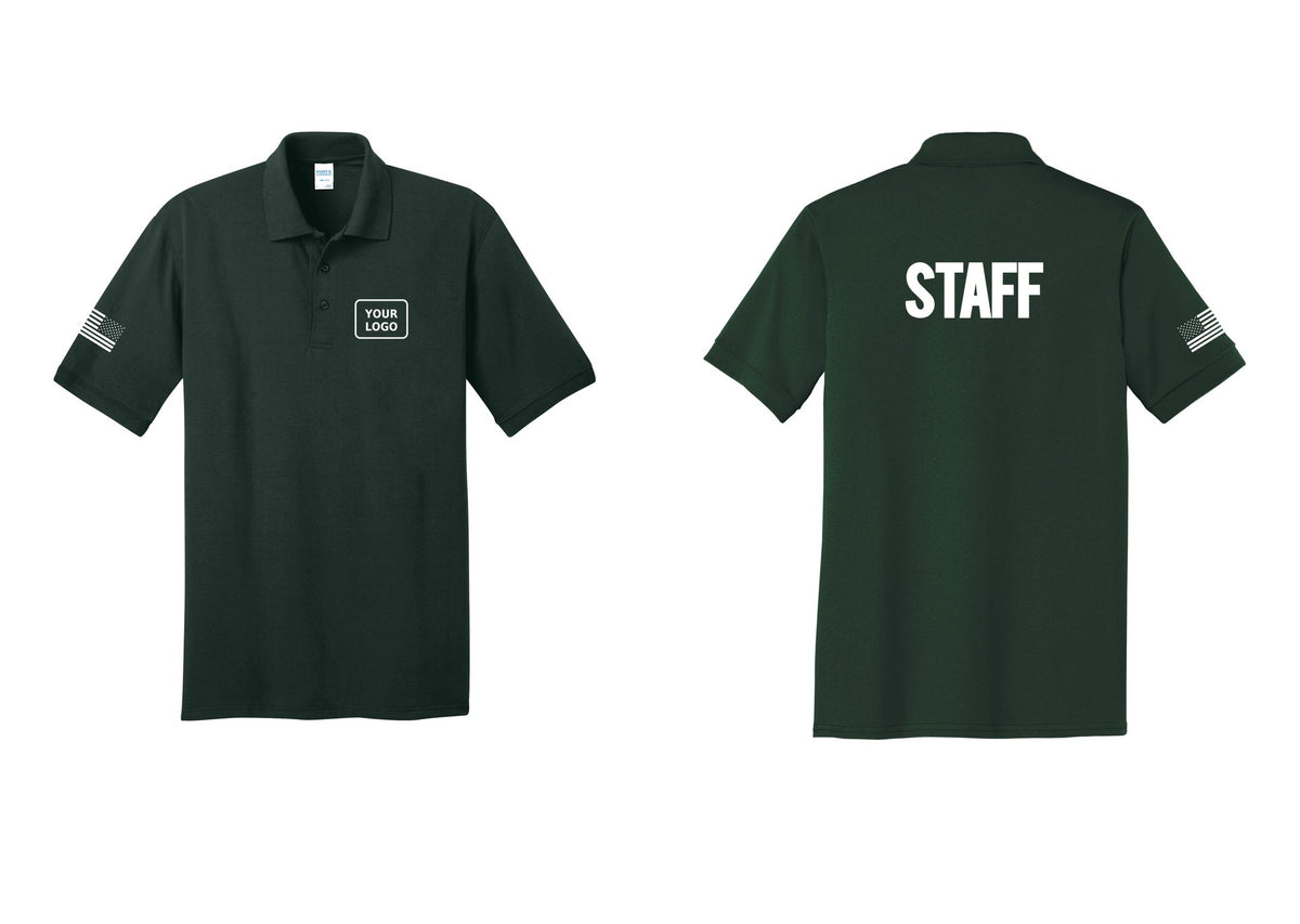 NYC Factory Custom Logo Staff Polo Shirt (Bold) - Your Logo + Back + US Flag Sleeve - Dark Green