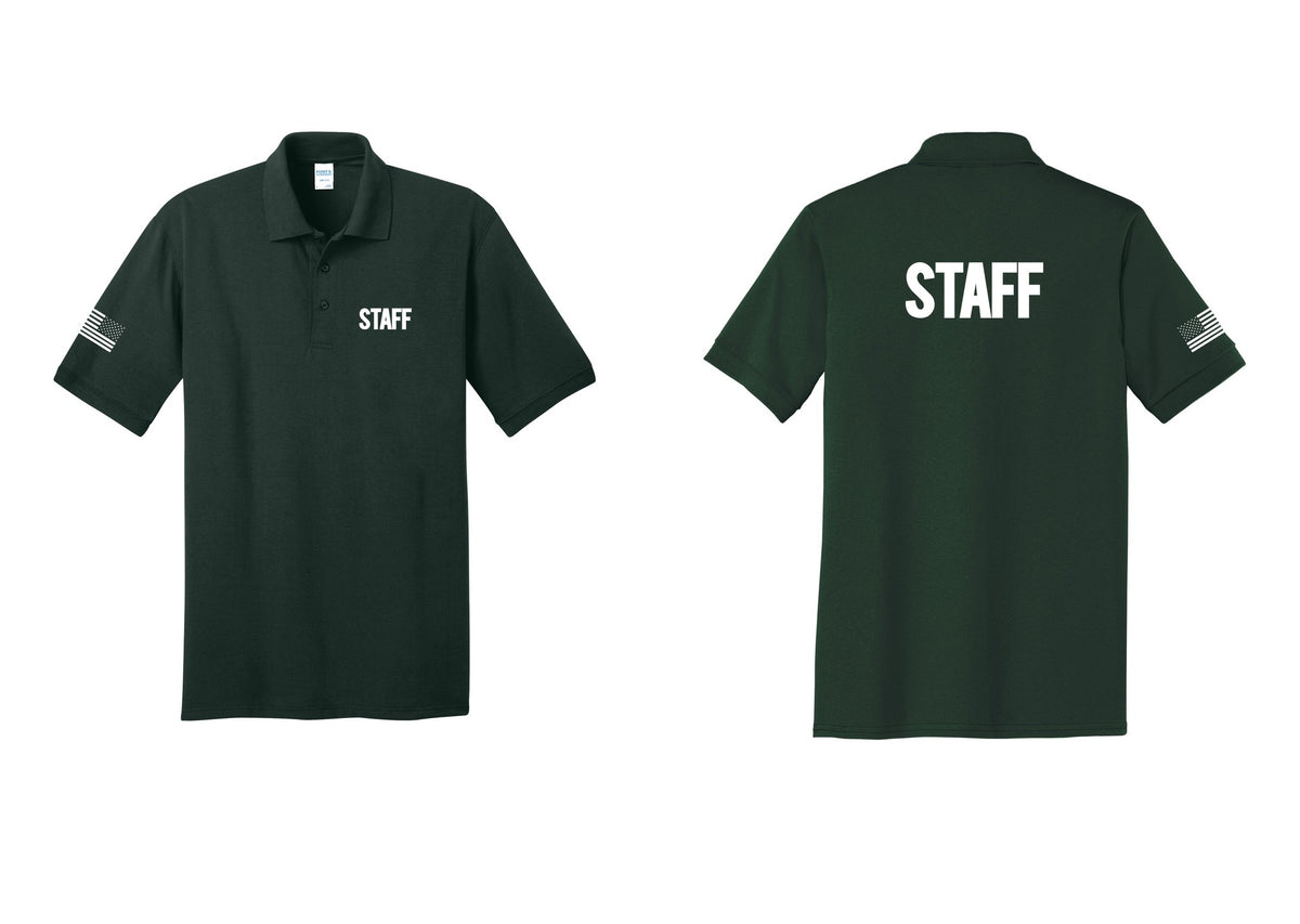 NYC Factory Staff Polo Shirt (Bold) - Chest + Back + US Flag Sleeve - Dark Green