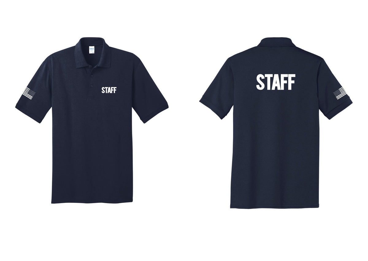 NYC Factory Staff Polo Shirt (Bold) - Chest + Back + US Flag Sleeve - Navy