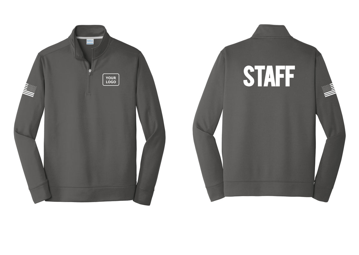 NYC Factory Custom Logo Staff Performance Fleece 1/4-Zip Pullover Sweatshirt (Bold) - Your Logo + Back + US Flag Sleeve - Charcoal