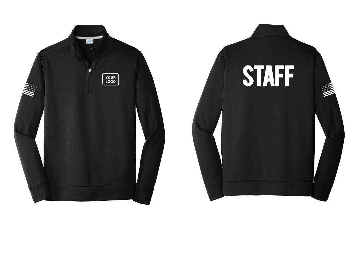 NYC Factory Custom Logo Staff Performance Fleece 1/4-Zip Pullover Sweatshirt (Bold) - Your Logo + Back + US Flag Sleeve - Black