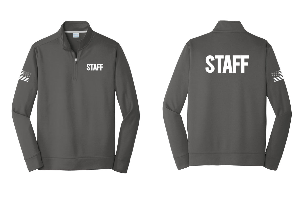 NYC Factory Staff Performance Fleece 1/4-Zip Pullover Sweatshirt (Bold) - Chest + Back + US Flag Sleeve - Charcoal