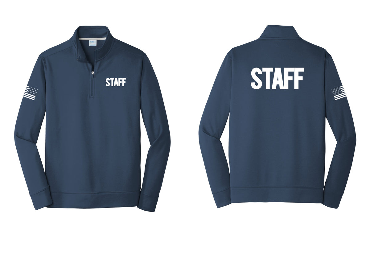 NYC Factory Staff Performance Fleece 1/4-Zip Pullover Sweatshirt (Bold) - Chest + Back + US Flag Sleeve - Navy