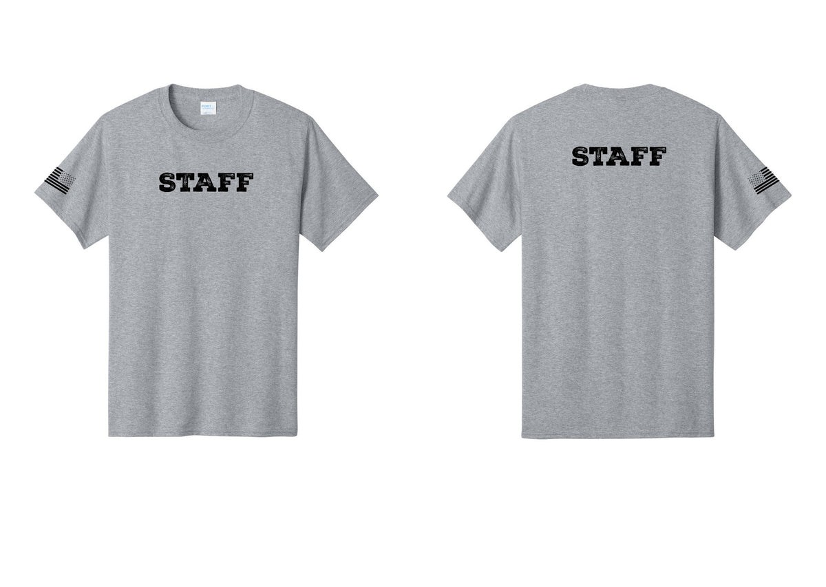 NYC Factory Staff T-Shirt, Rustic Lettering - Front + Back + US Flag Sleeve - Athletic Heather