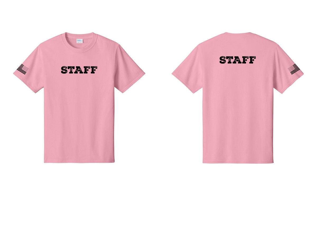 NYC Factory Staff T-Shirt, Rustic Lettering - Front + Back + US Flag Sleeve - Candy Pink