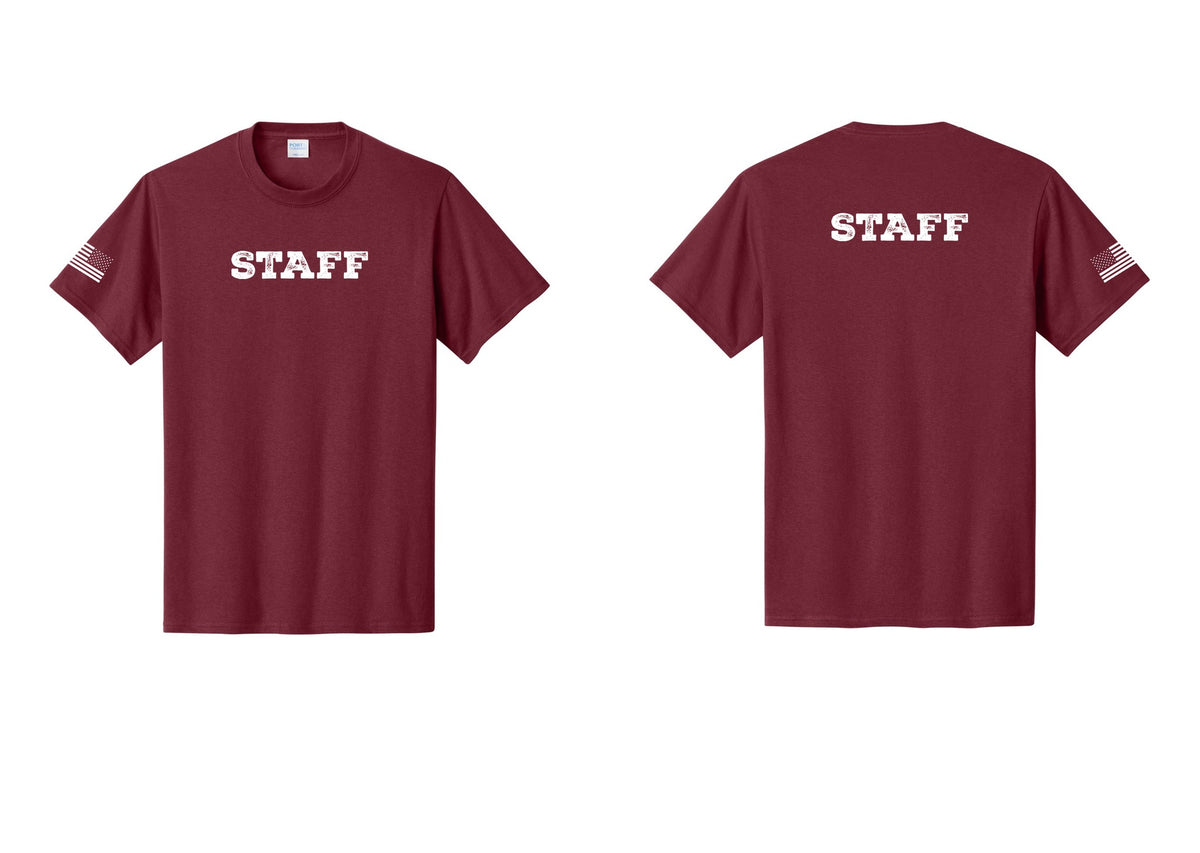 NYC Factory Staff T-Shirt, Rustic Lettering - Front + Back + US Flag Sleeve - Cardinal