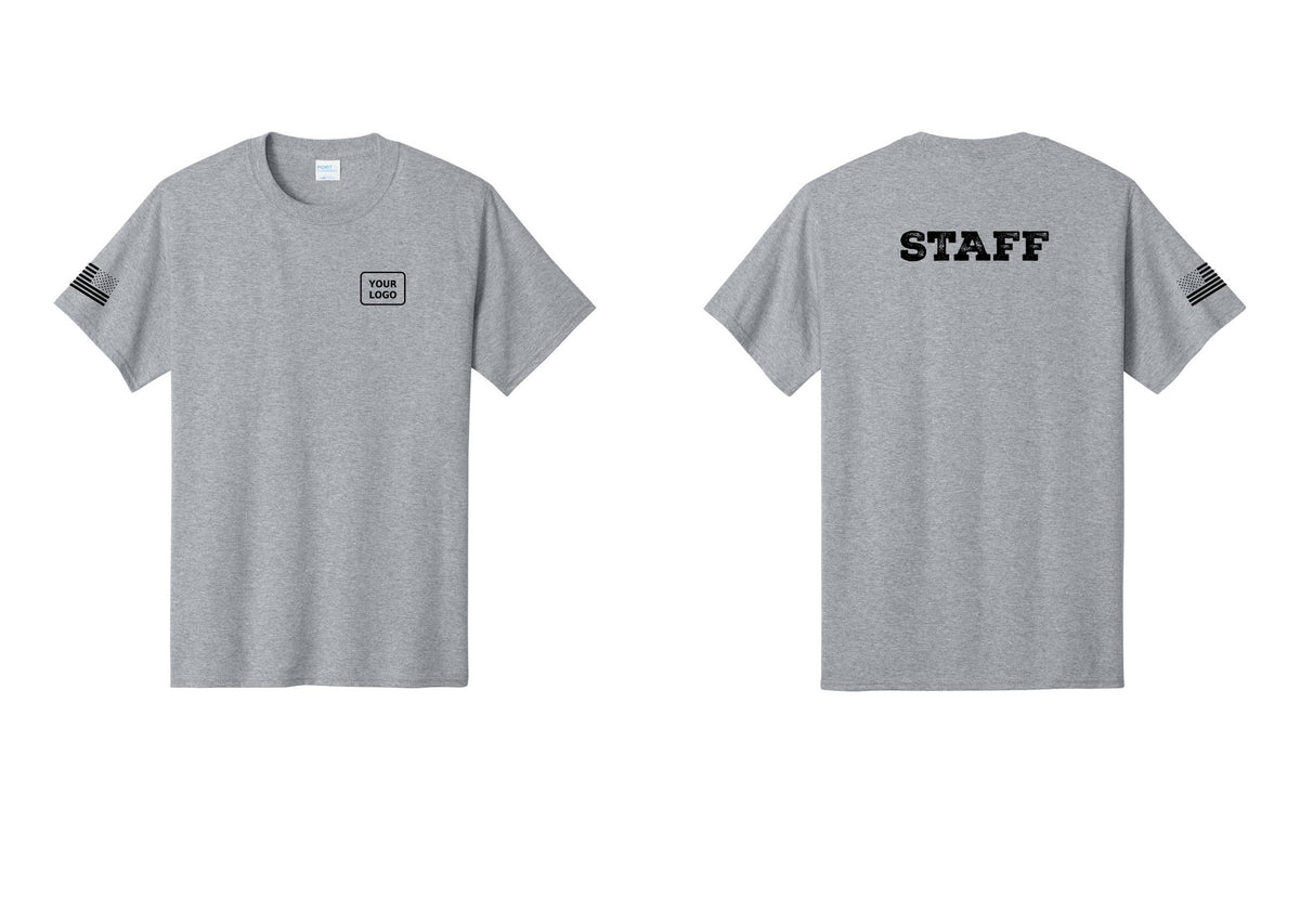 NYC Factory Custom Logo Staff T-Shirt, Rustic Lettering - Your Logo + Back + US Flag Sleeve - Athletic Heather