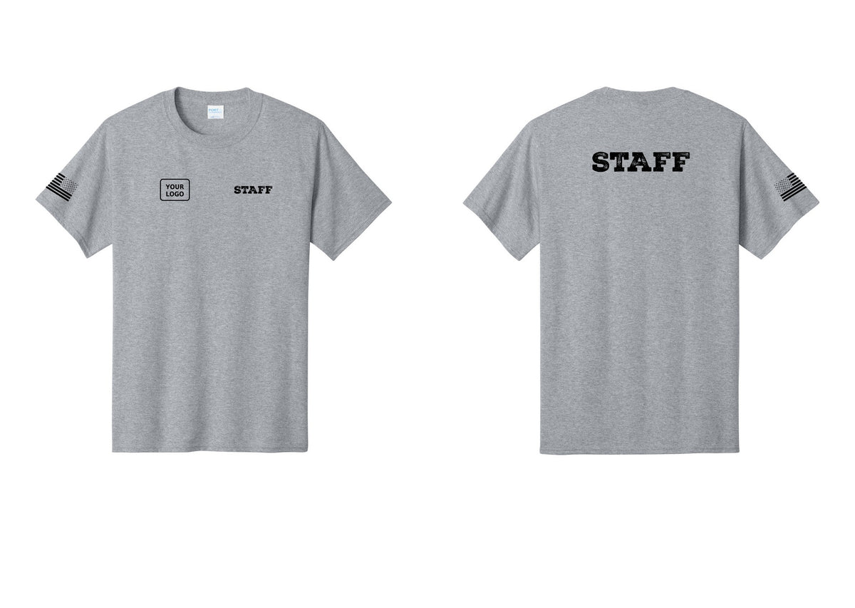 NYC Factory Custom Logo Staff T-Shirt, Rustic Lettering - STAFF + Your Logo + Back + US Flag Sleeve - Athletic Heather