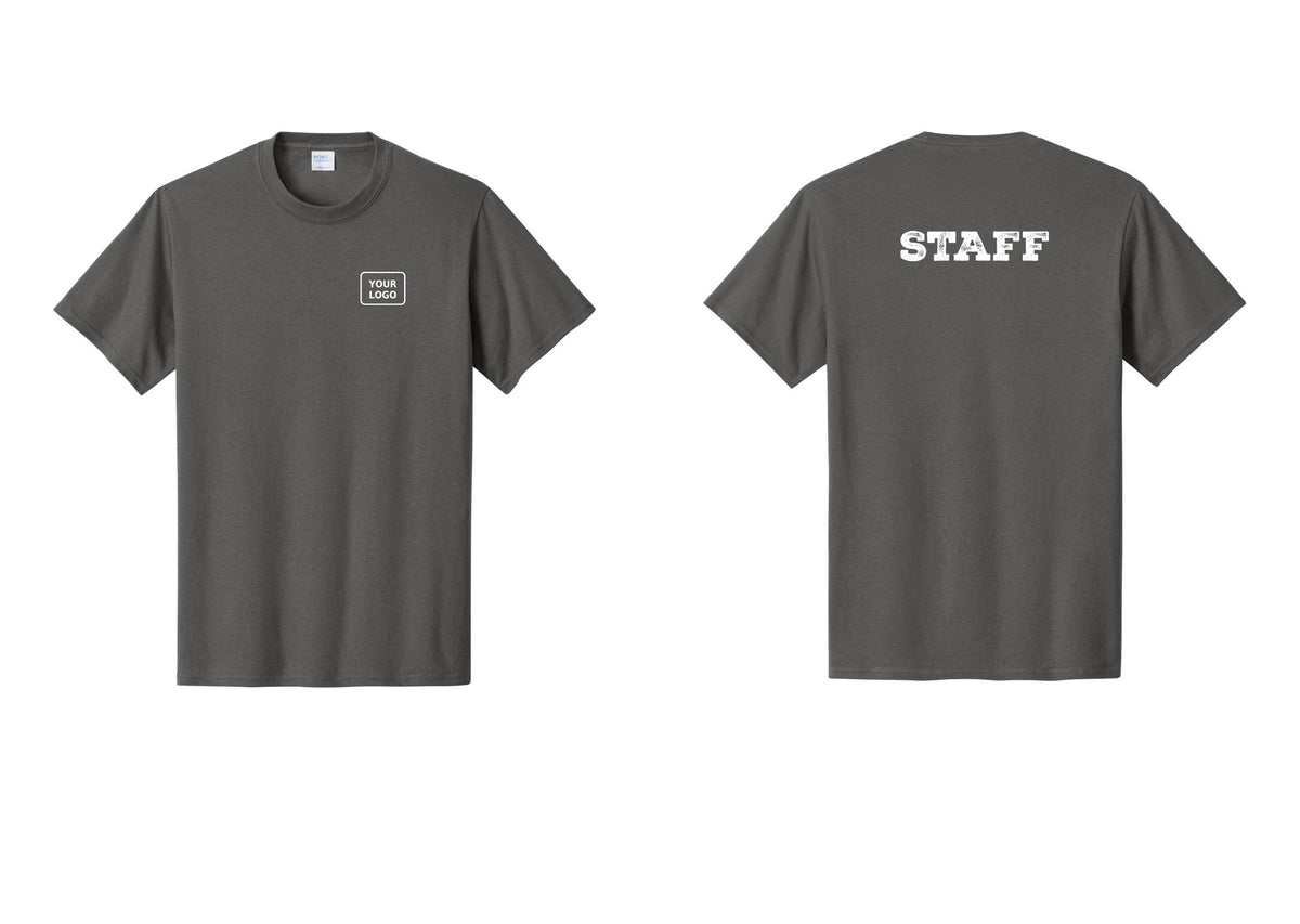NYC Factory Custom Logo Staff T-Shirt, Rustic Lettering - Your Logo + Back - Charcoal