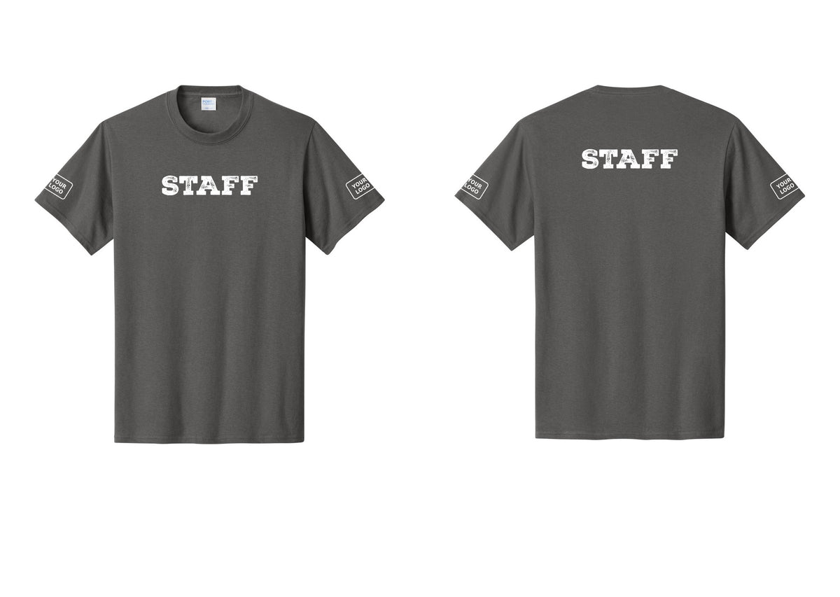 NYC Factory Custom Logo Staff T-Shirt, Rustic Lettering - Front + Back + Your Logo Sleeves - Charcoal
