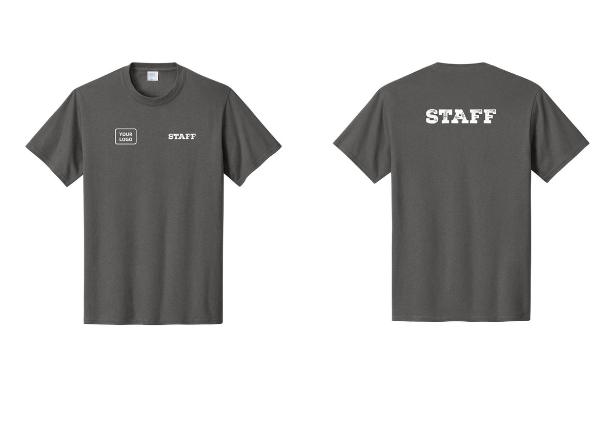 NYC Factory Custom Logo Staff T-Shirt, Rustic Lettering - STAFF + Your Logo + Back - Charcoal