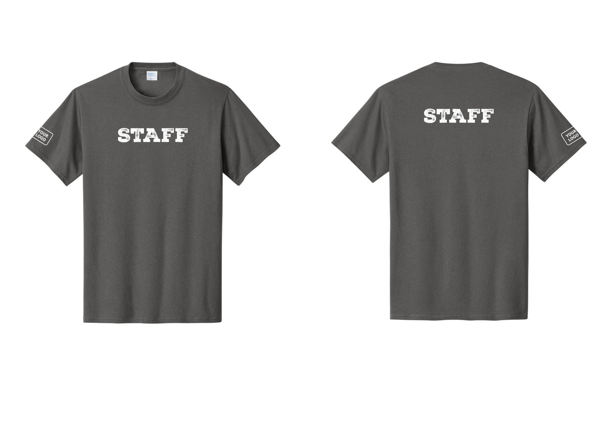 NYC Factory Custom Logo Staff T-Shirt, Rustic Lettering - Front + Back + Your Logo Sleeve - Charcoal