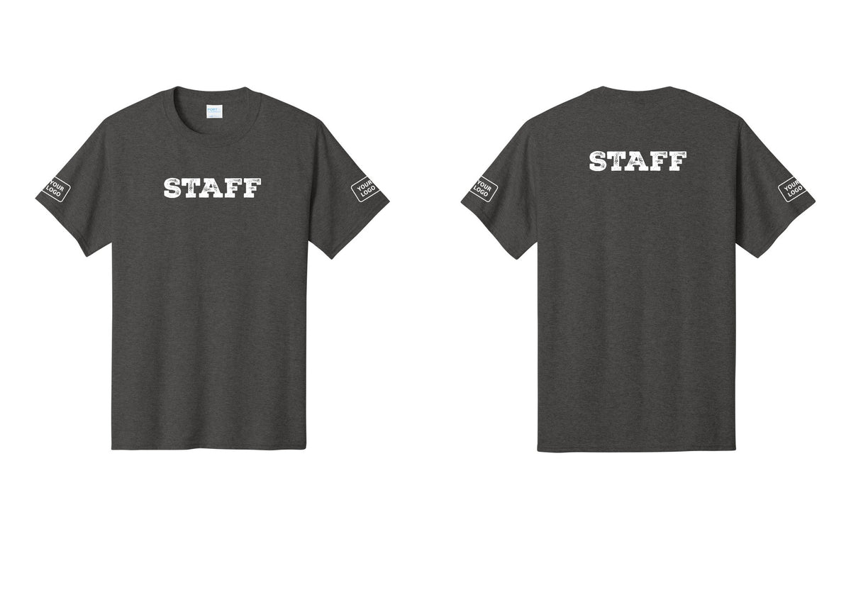 NYC Factory Custom Logo Staff T-Shirt, Rustic Lettering - Front + Back + Your Logo Sleeves - Dark Heather Grey