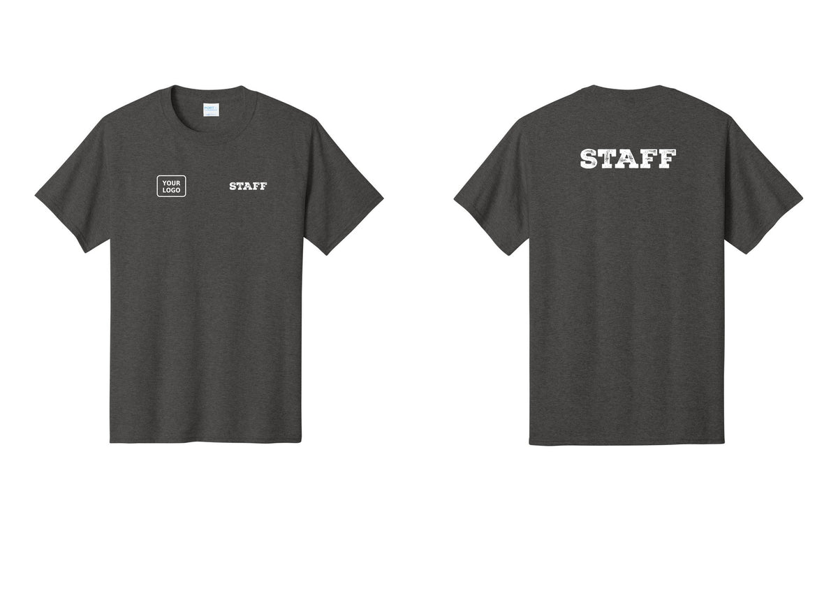 NYC Factory Custom Logo Staff T-Shirt, Rustic Lettering - STAFF + Your Logo + Back - Dark Heather Grey