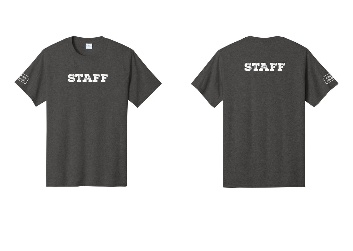 NYC Factory Custom Logo Staff T-Shirt, Rustic Lettering - Front + Back + Your Logo Sleeve - Dark Heather Grey