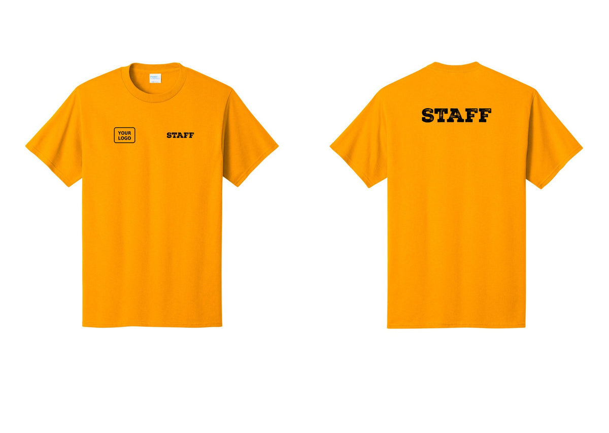 NYC Factory Custom Logo Staff T-Shirt, Rustic Lettering - STAFF + Your Logo + Back - Gold