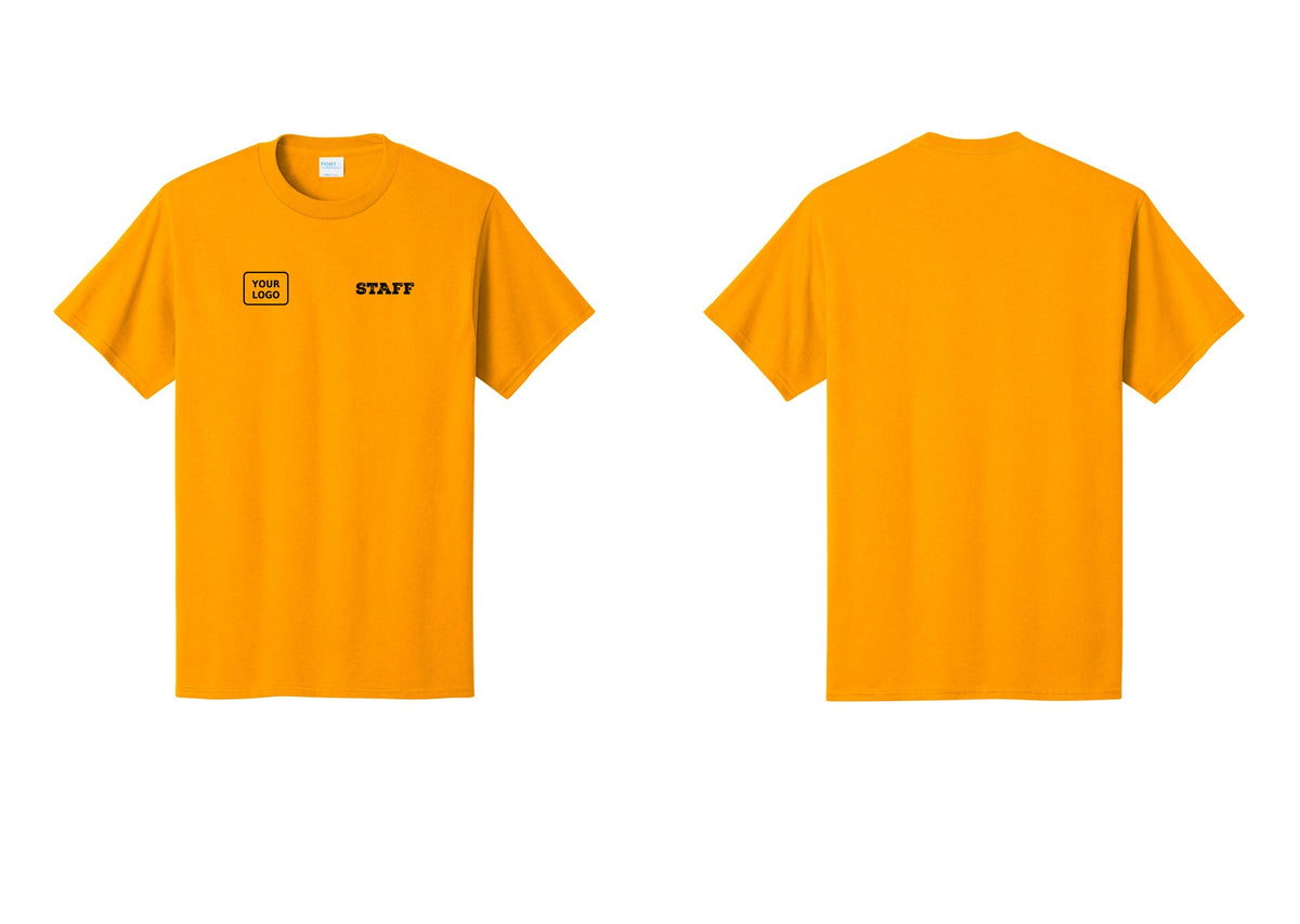 NYC Factory Custom Logo Staff T-Shirt, Rustic Lettering - STAFF + Your Logo - Gold