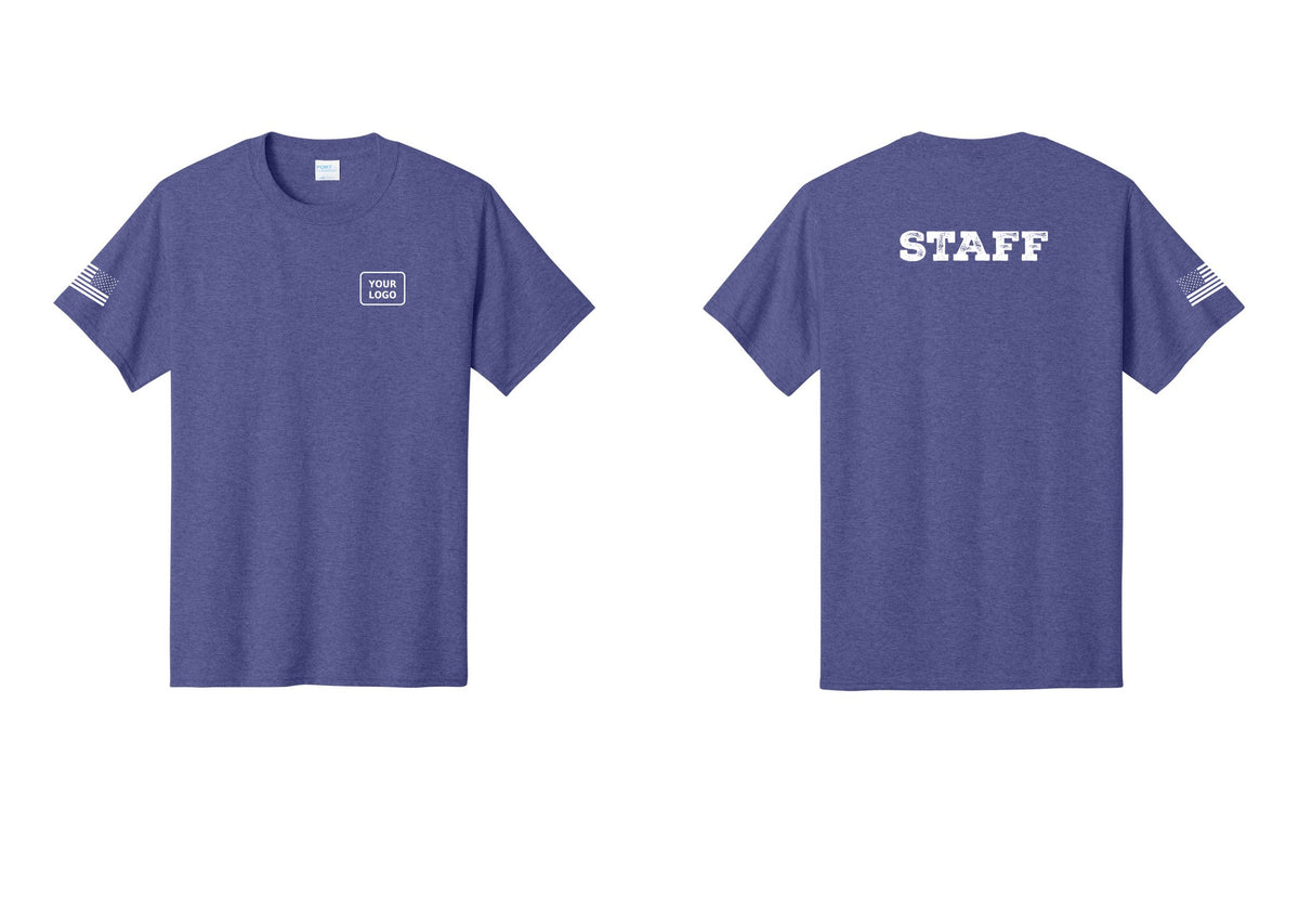 NYC Factory Custom Logo Staff T-Shirt, Rustic Lettering - Your Logo + Back + US Flag Sleeve - Heather Purple