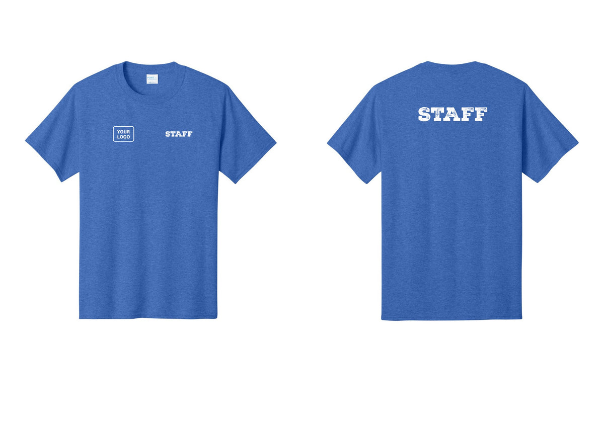 NYC Factory Custom Logo Staff T-Shirt, Rustic Lettering - STAFF + Your Logo + Back - Heather Royal