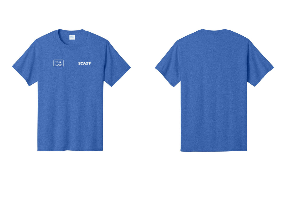 NYC Factory Custom Logo Staff T-Shirt, Rustic Lettering - STAFF + Your Logo - Heather Royal