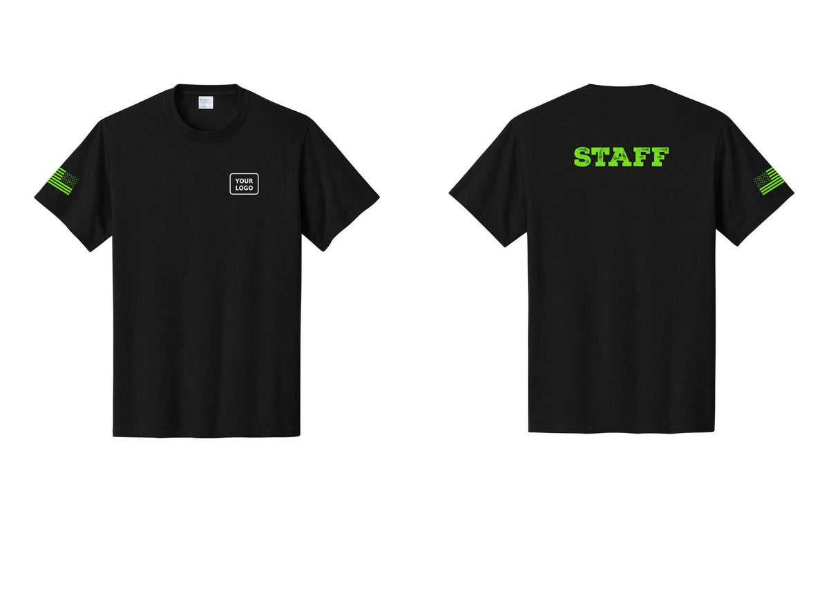 NYC Factory Custom Logo Staff T-Shirt, Rustic Lettering - Your Logo + Back + US Flag Sleeve - Black / Neon