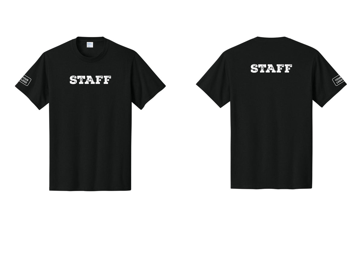 NYC Factory Custom Logo Staff T-Shirt, Rustic Lettering - Front + Back + Your Logo Sleeve - Black