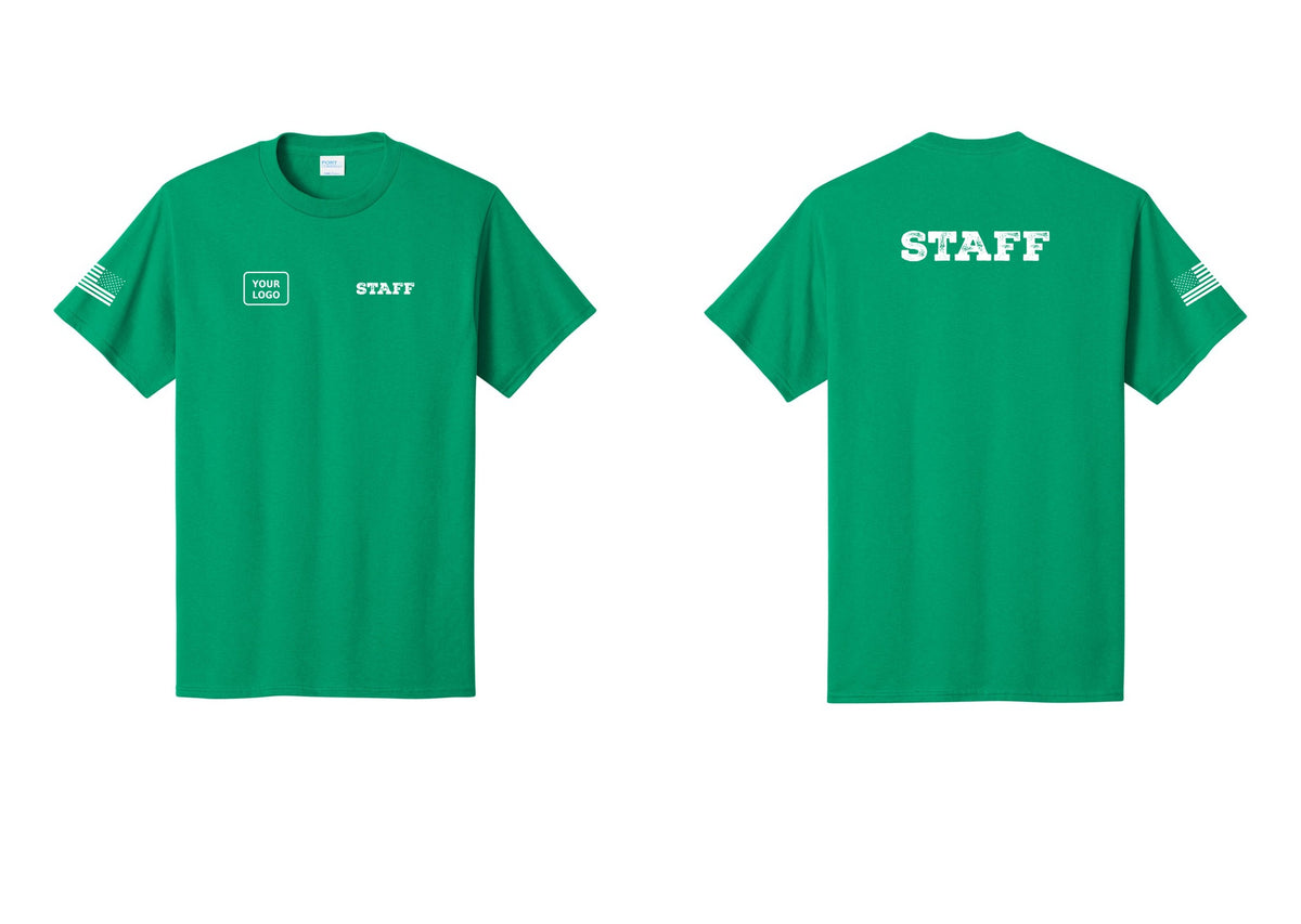 NYC Factory Custom Logo Staff T-Shirt, Rustic Lettering - STAFF + Your Logo + Back + US Flag Sleeve - Kelly