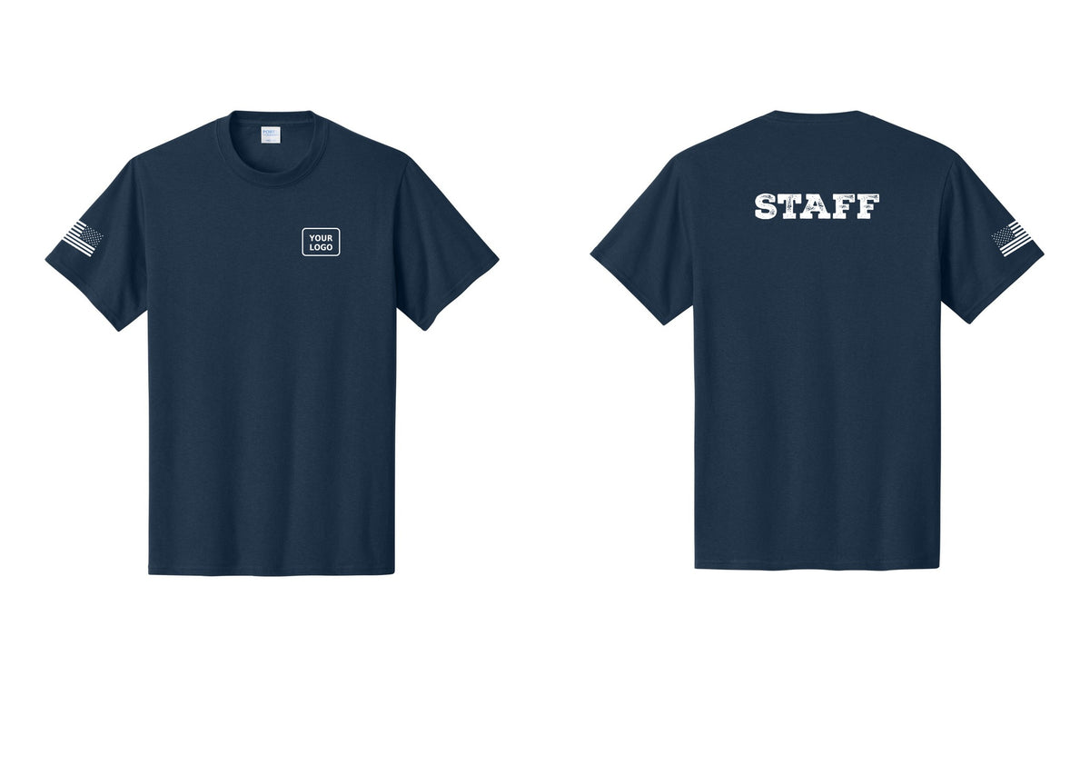 NYC Factory Custom Logo Staff T-Shirt, Rustic Lettering - Your Logo + Back + US Flag Sleeve - Navy