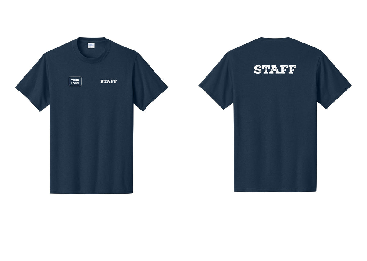NYC Factory Custom Logo Staff T-Shirt, Rustic Lettering - STAFF + Your Logo + Back - Navy