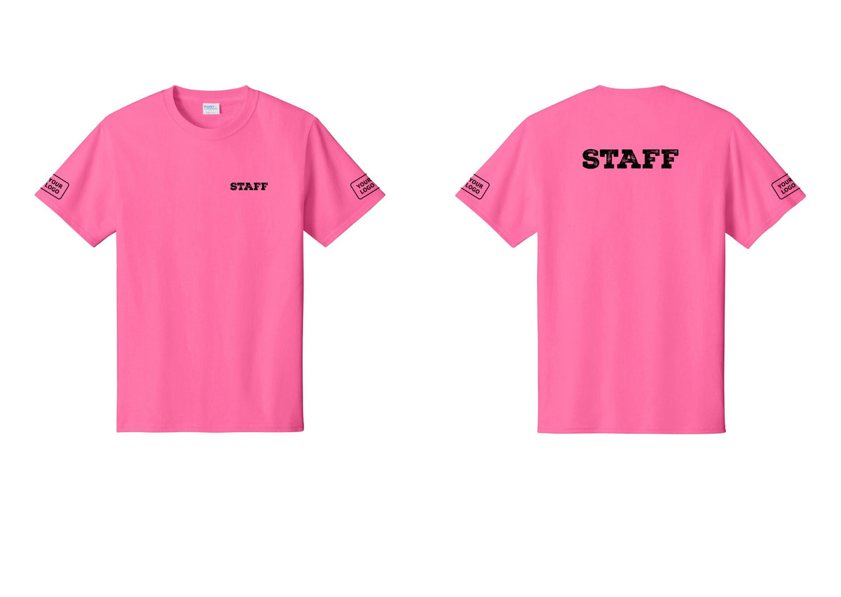 NYC Factory Custom Logo Staff T-Shirt, Rustic Lettering - Chest + Back + Your Logo Sleeves - Neon Pink
