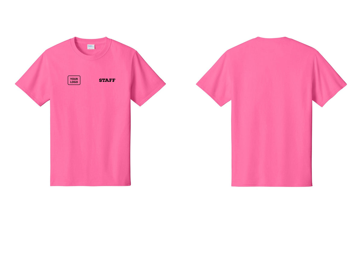 NYC Factory Custom Logo Staff T-Shirt, Rustic Lettering - STAFF + Your Logo - Neon Pink