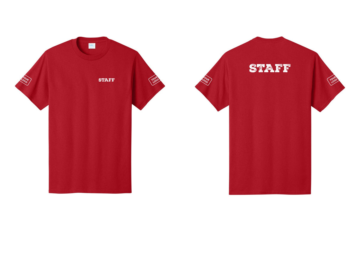 NYC Factory Custom Logo Staff T-Shirt, Rustic Lettering - Chest + Back + Your Logo Sleeves - Red