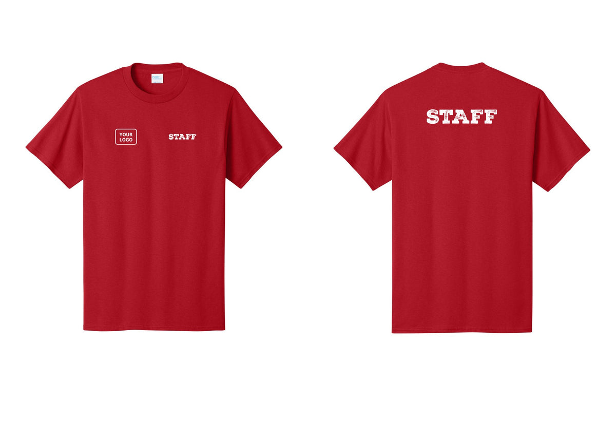 NYC Factory Custom Logo Staff T-Shirt, Rustic Lettering - STAFF + Your Logo + Back - Red