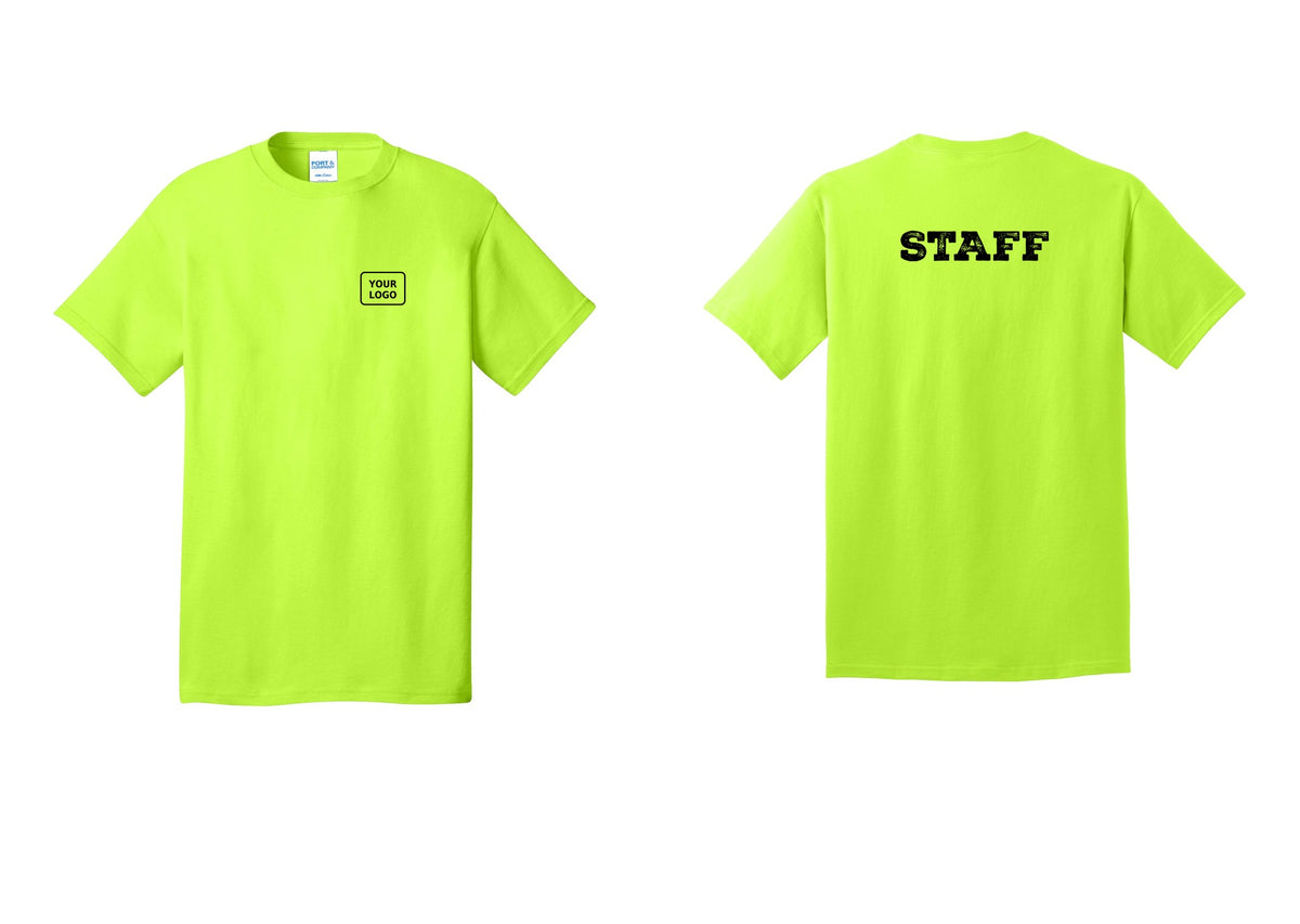 NYC Factory Custom Logo Staff T-Shirt, Rustic Lettering - Your Logo + Back - Safety Green