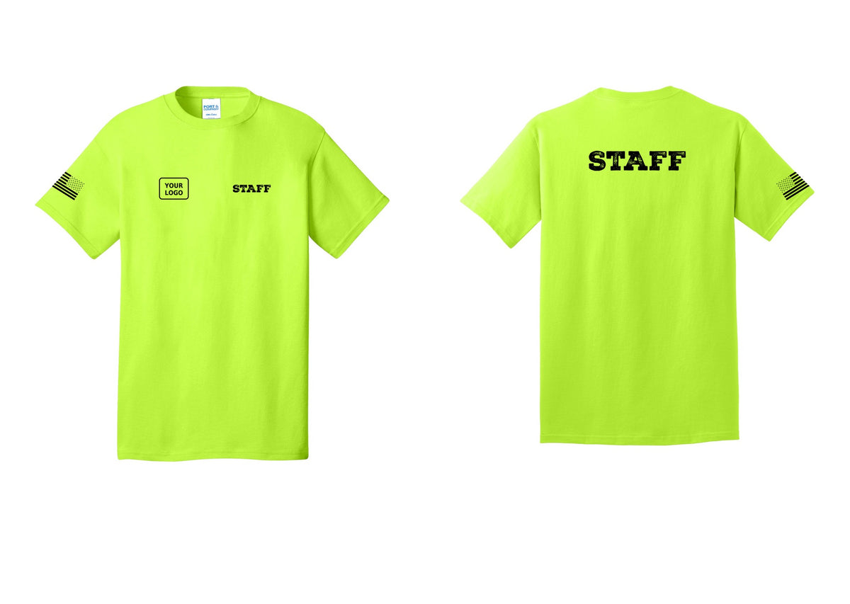 NYC Factory Custom Logo Staff T-Shirt, Rustic Lettering - STAFF + Your Logo + Back + US Flag Sleeve - Safety Green