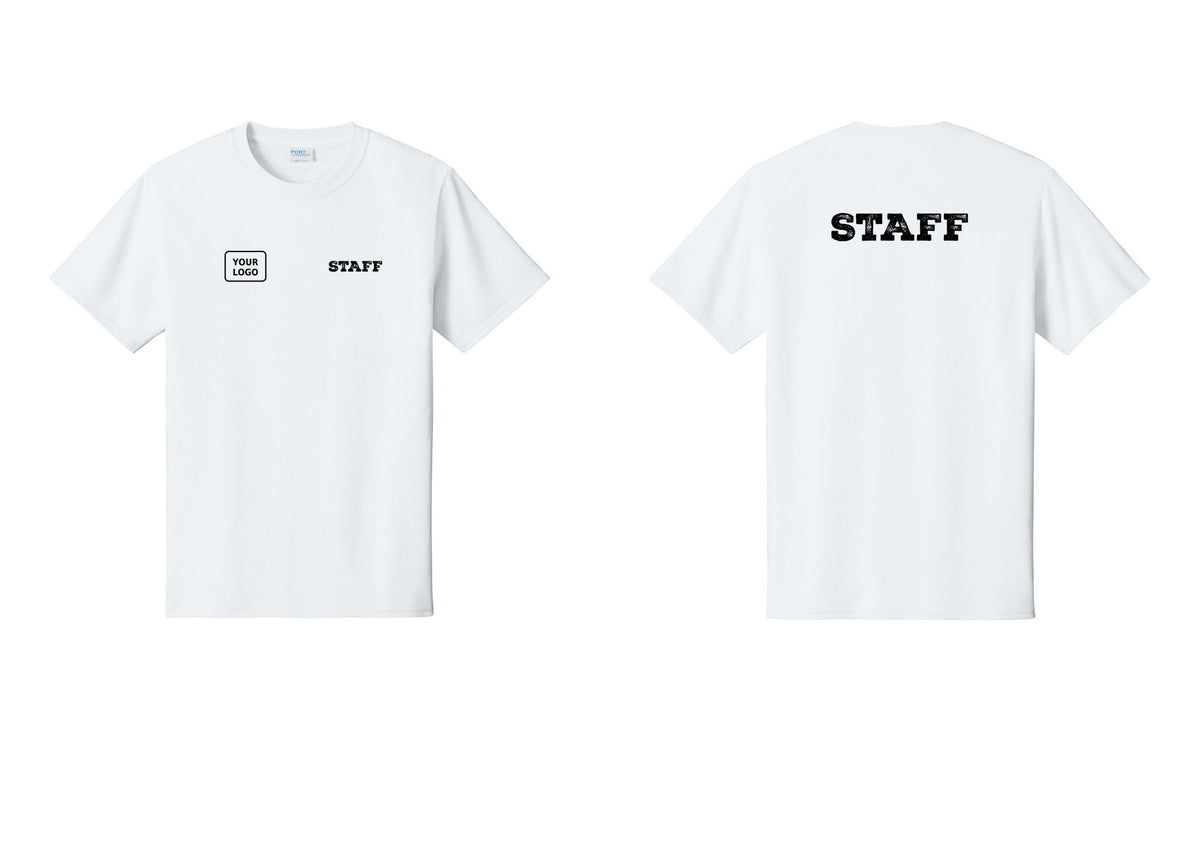 NYC Factory Custom Logo Staff T-Shirt, Rustic Lettering - STAFF + Your Logo + Back - White
