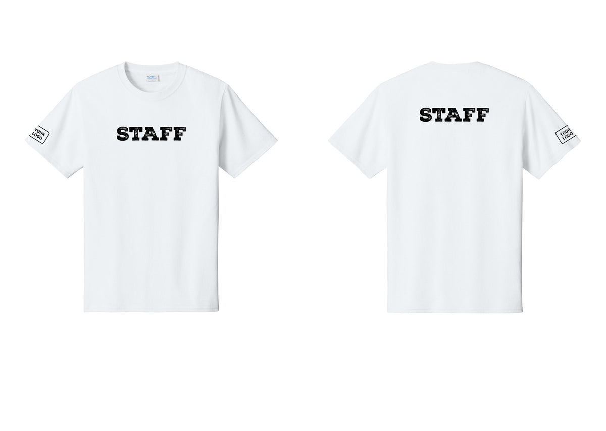 NYC Factory Custom Logo Staff T-Shirt, Rustic Lettering - Front + Back + Your Logo Sleeve - White