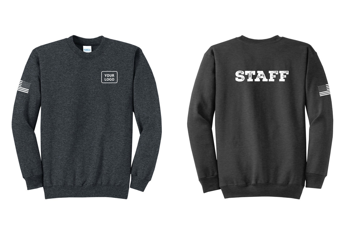 NYC Factory Custom Logo Staff Cotton Fleece Crewneck Sweatshirt (Rustic) - Your Logo + Back + US Flag Sleeve - Dark Heather Grey
