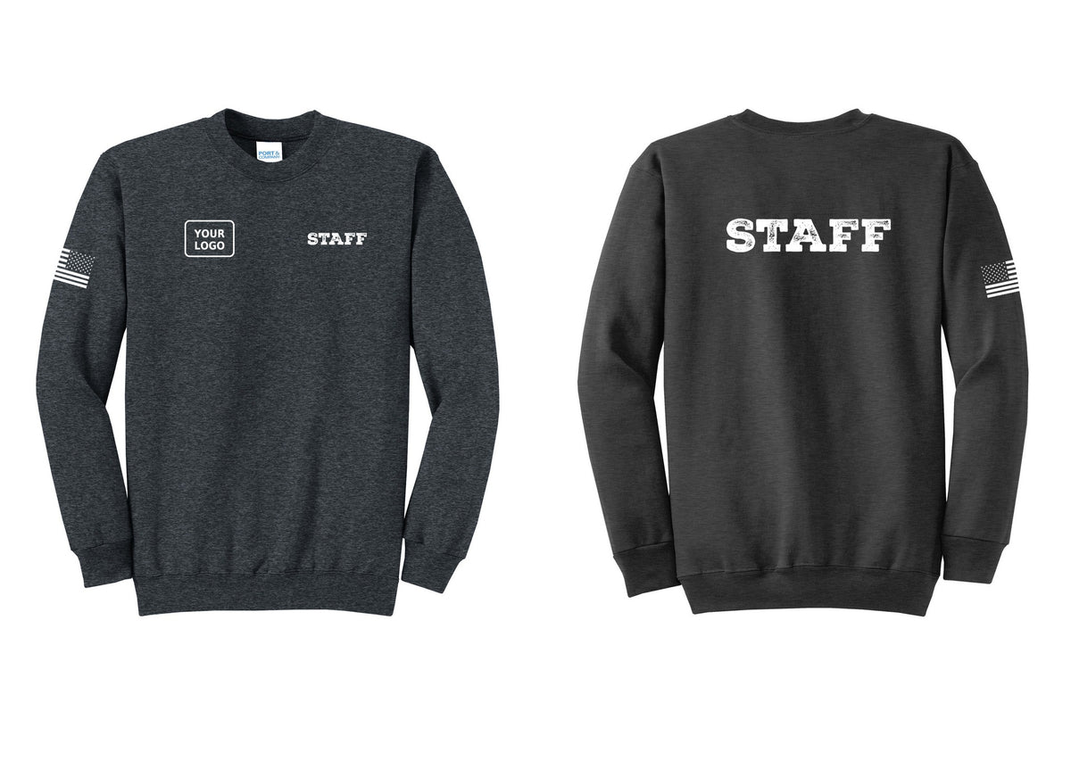 NYC Factory Custom Logo Staff Cotton Fleece Crewneck Sweatshirt (Rustic) - STAFF + Your Logo + Back + US Flag Sleeve - Dark Heather Grey