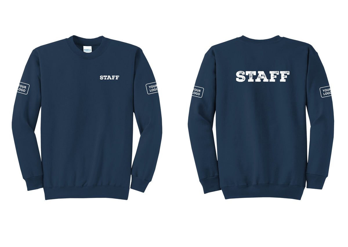 NYC Factory Custom Logo Staff Cotton Fleece Crewneck Sweatshirt (Rustic) - Chest + Back + Your Logo Sleeves - Navy