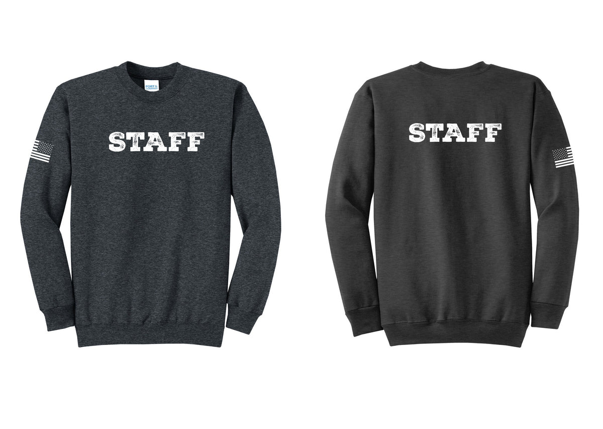 NYC Factory Staff Cotton Fleece Crewneck Sweatshirt (Rustic) - Front + Back + US Flag Sleeve - Dark Heather Grey